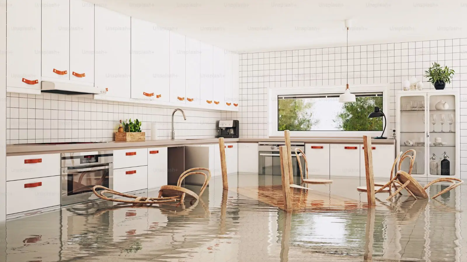 Condo kitchen with standing water across the floor and chairs sitting in it